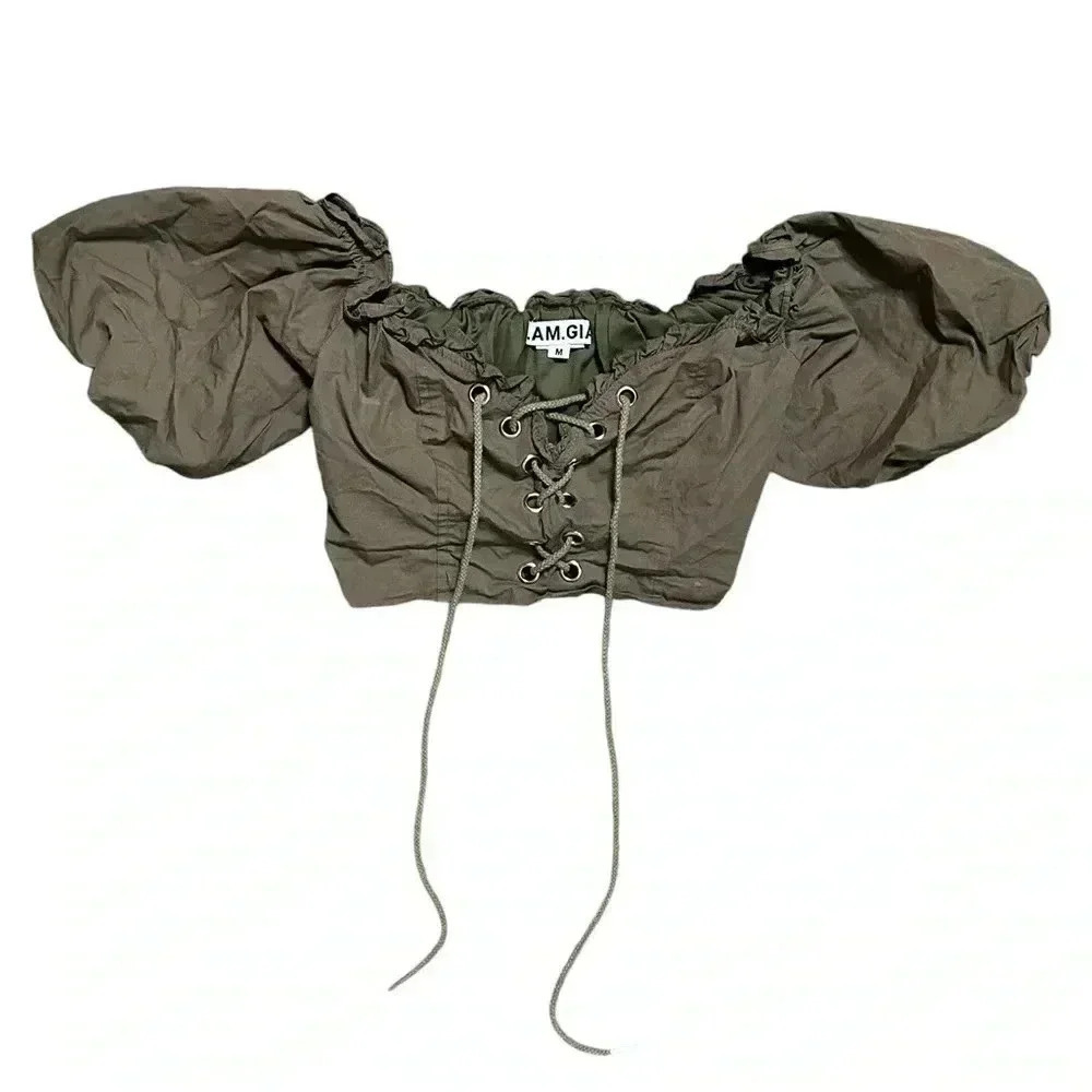 I AM GIA Green Off Shoulder Puff Sleeve Lace Up Corset Cropped Crop Top M - Picture 2 of 8